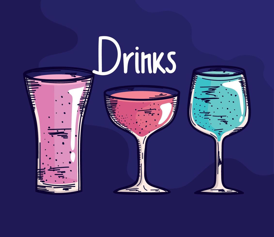 three cocktails drinks icons vector
