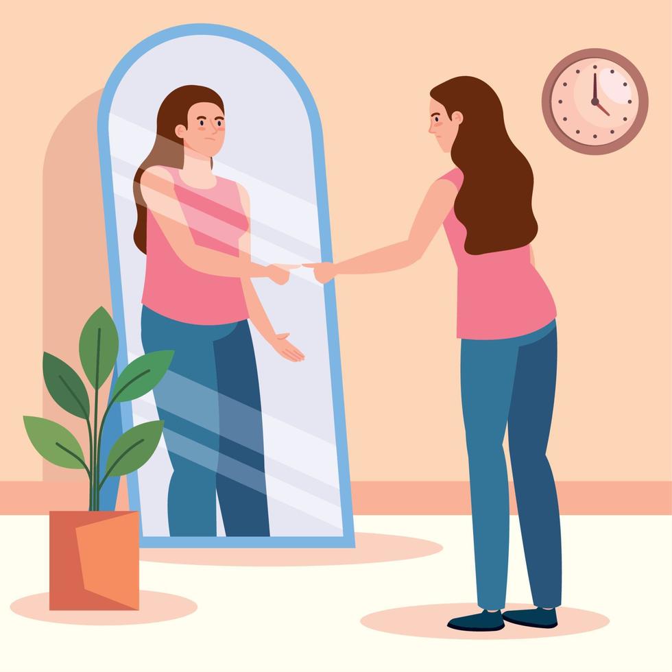 young woman looking fat in mirror vector