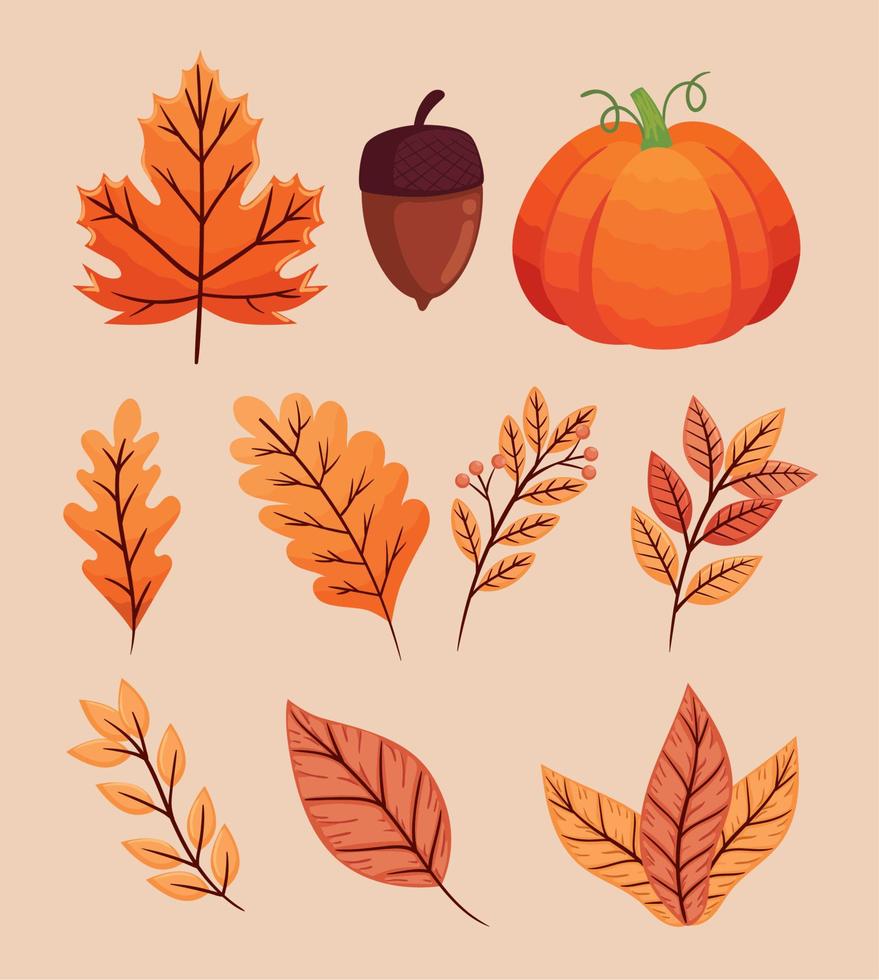 diez iconos de la temporada de otoño vector
