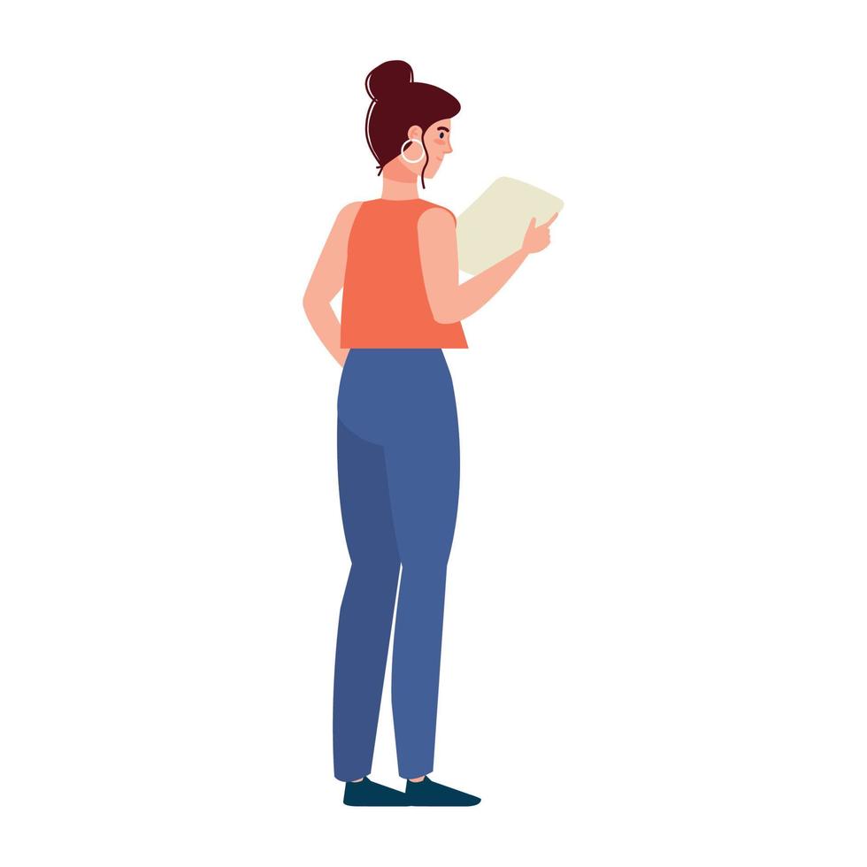 mujer de pie leyendo documento vector