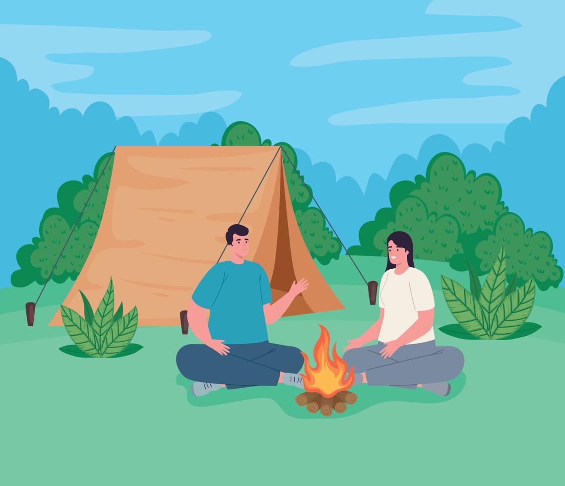 couple and campfire vector