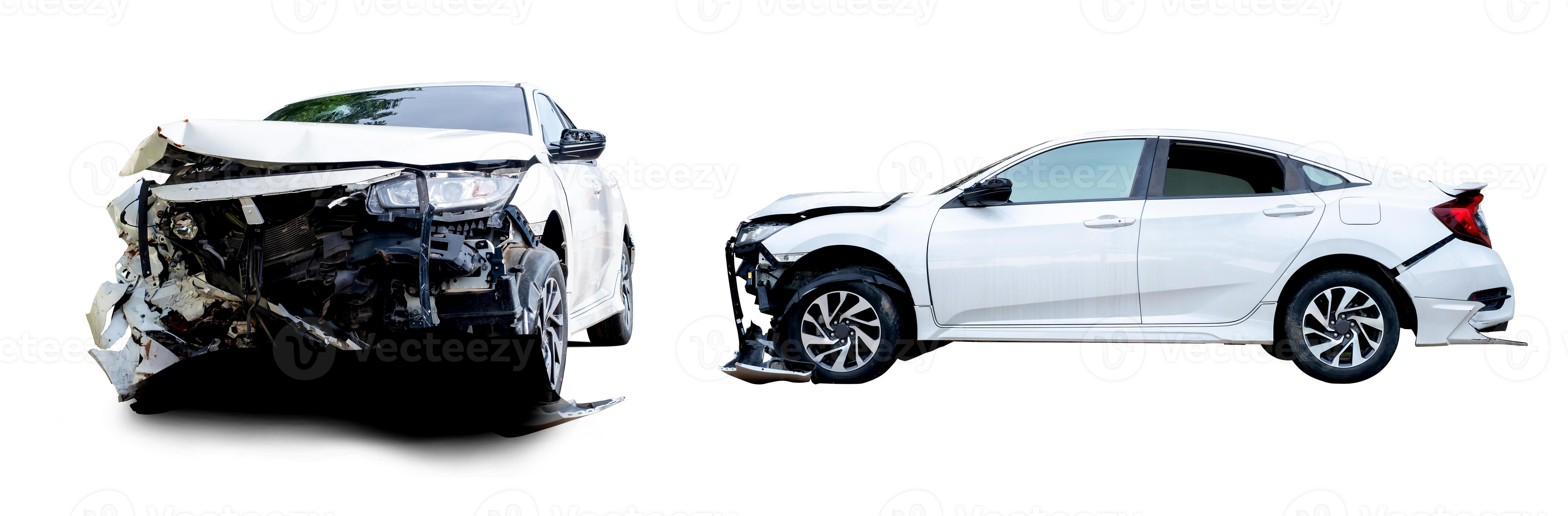 Front and side view of white car get damaged by accident on the road