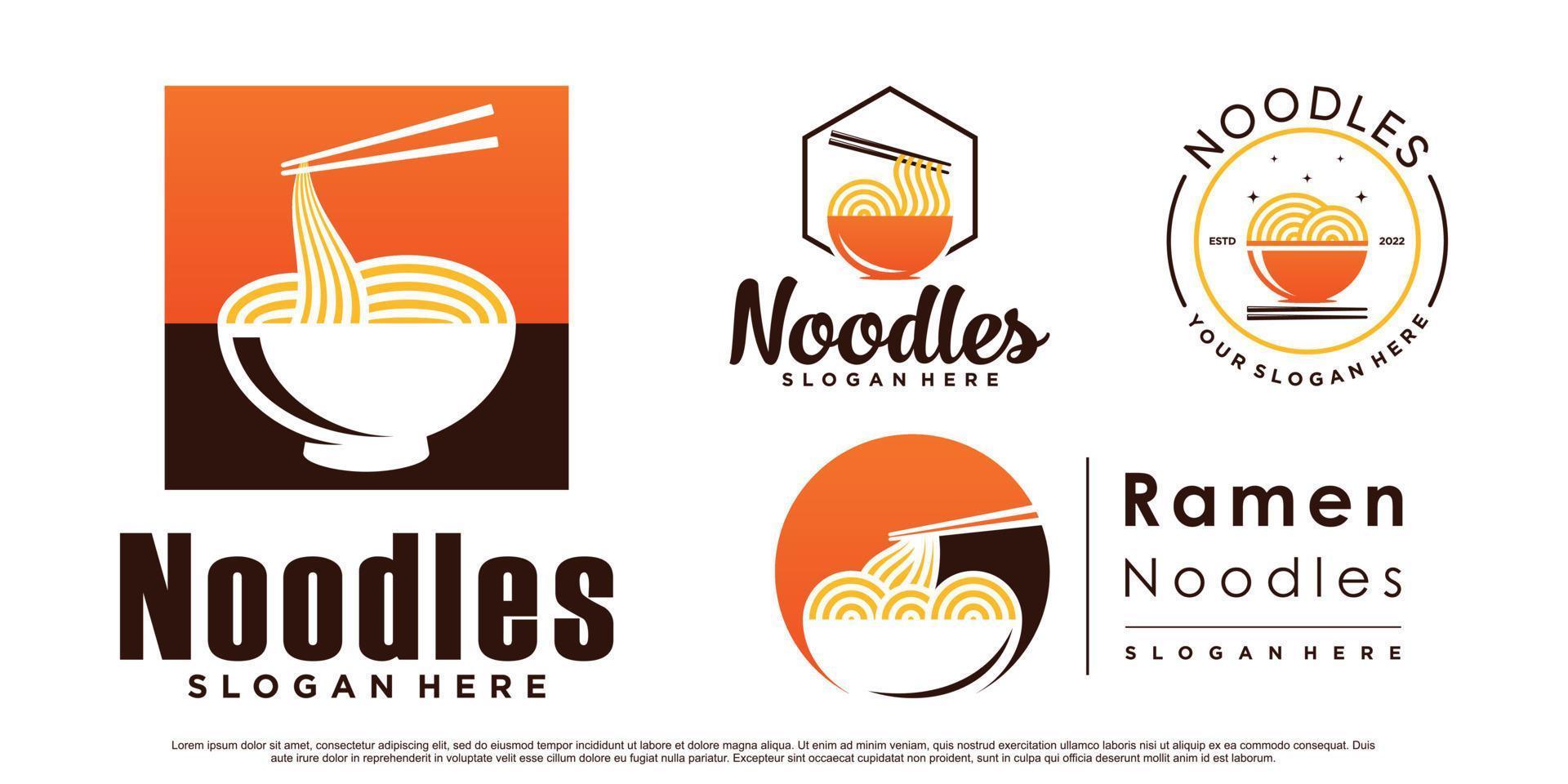 conjunto de paquete de diseño de logotipo de icono de fideos y ramen con vector premium de tazón y palillo