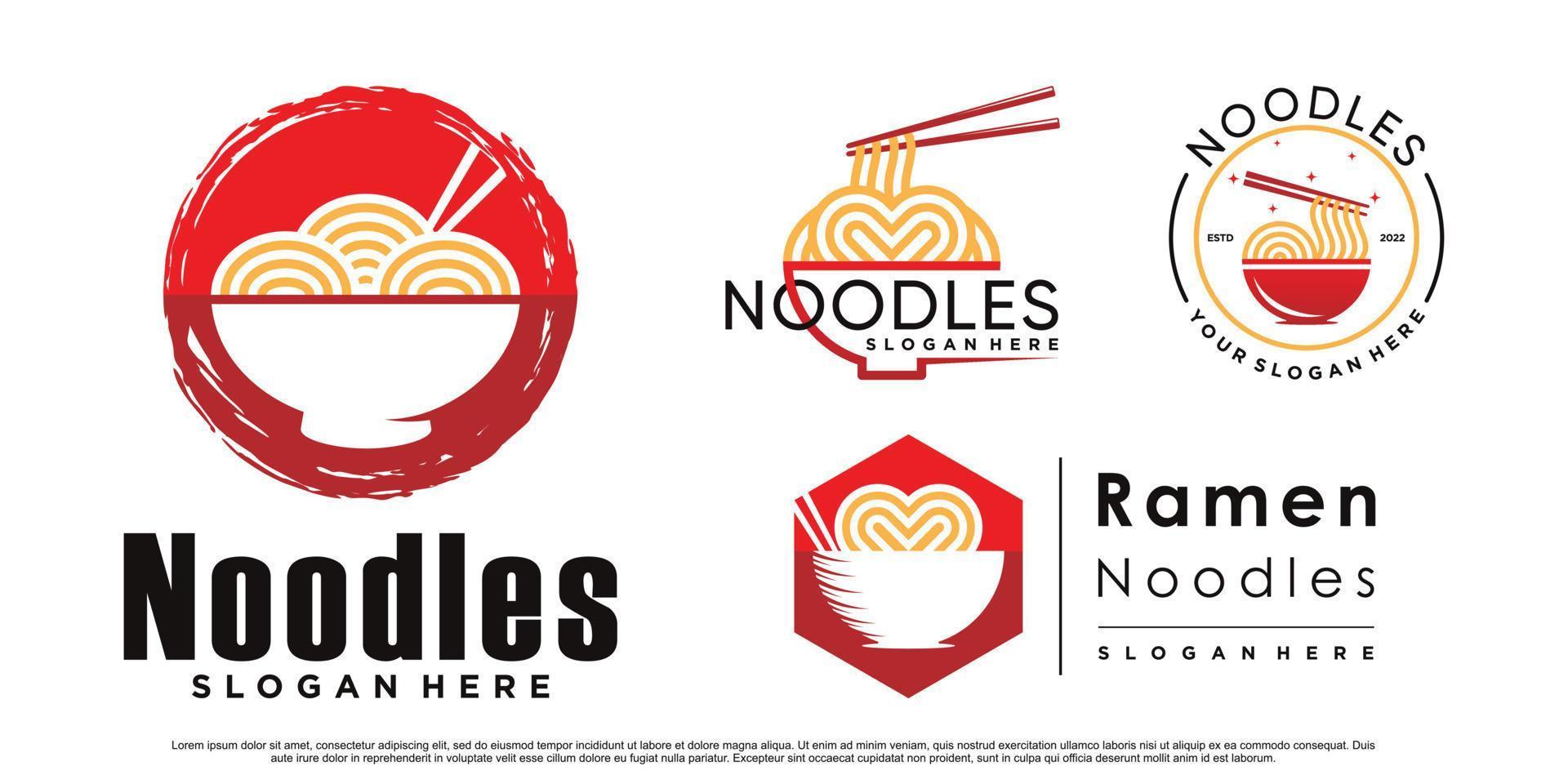 conjunto de paquete de diseño de logotipo de icono de fideos y ramen con vector premium de tazón y palillo