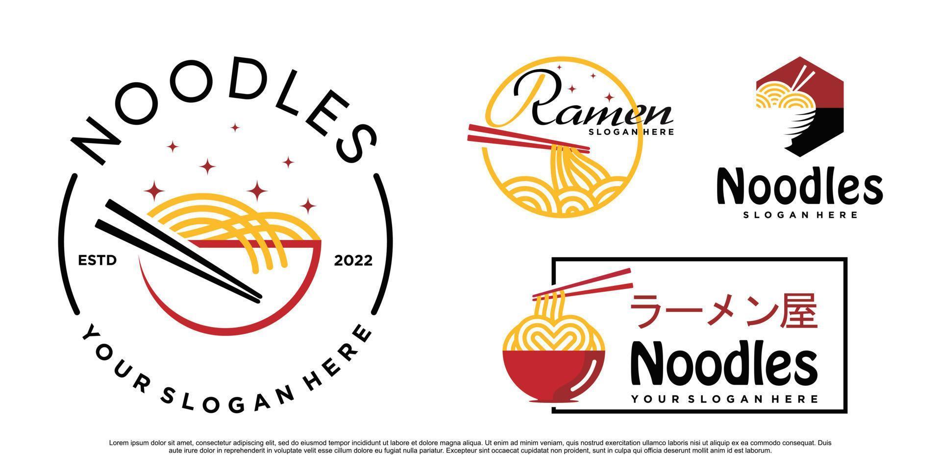 conjunto de paquete de diseño de logotipo de icono de fideos y ramen con vector premium de tazón y palillo