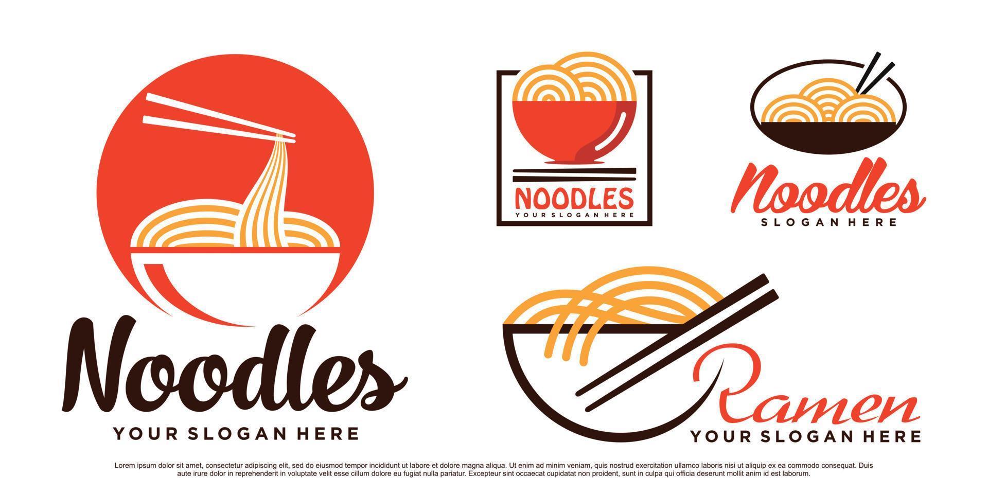 conjunto de ilustración de diseño de logotipo de fideos para icono de ramen con tazón y vector premium de concepto creativo