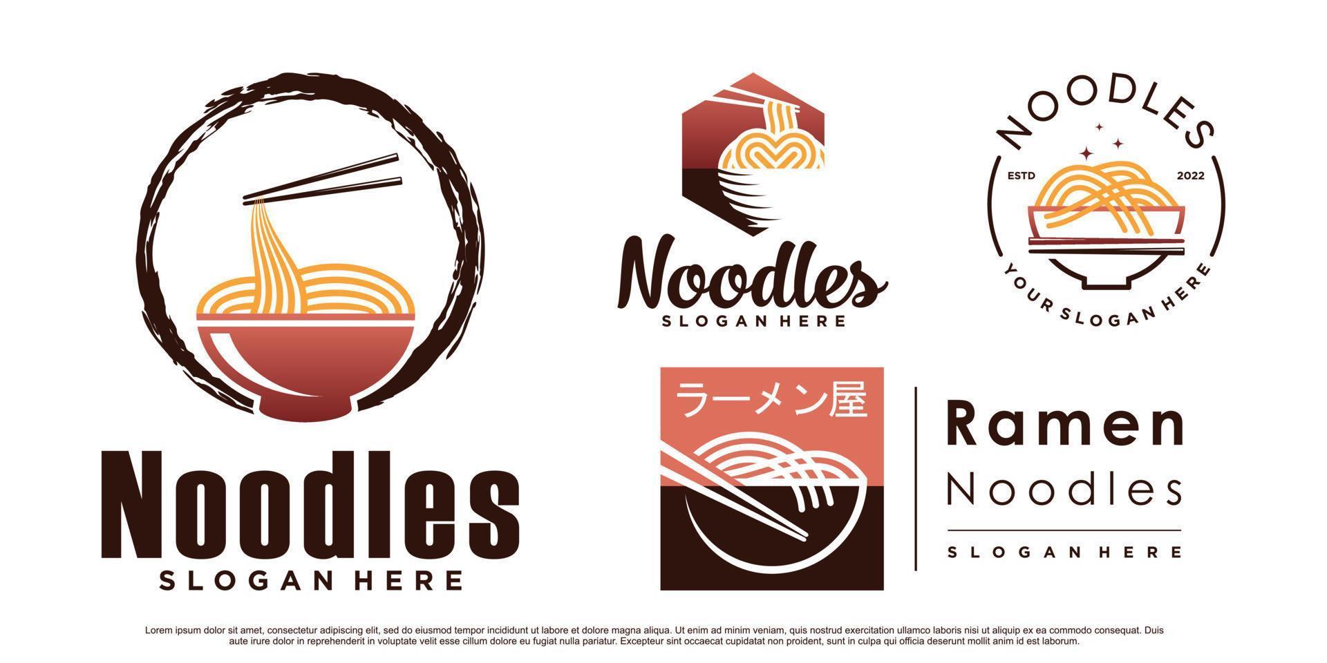 conjunto de paquete de diseño de logotipo de icono de fideos y ramen con vector premium de tazón y palillo