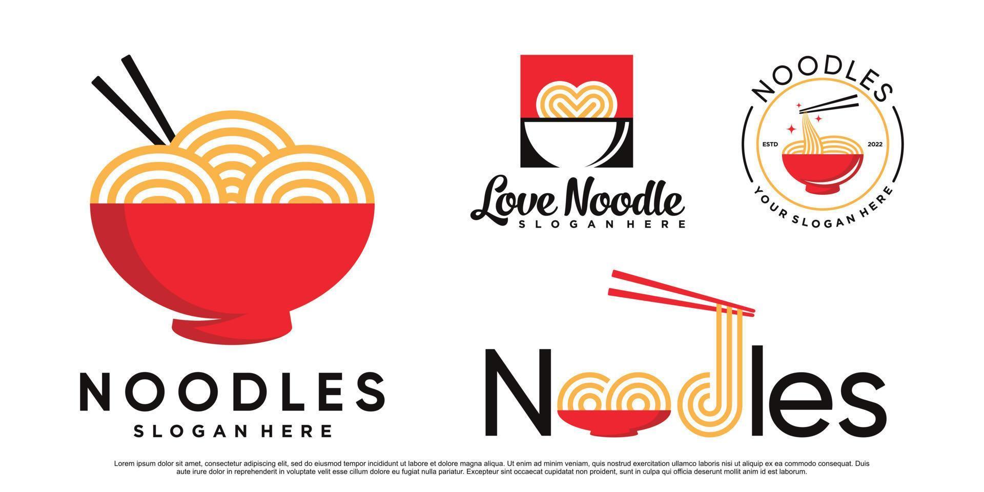 conjunto de ilustración de diseño de logotipo de fideos para icono de ramen con tazón y vector premium de concepto creativo