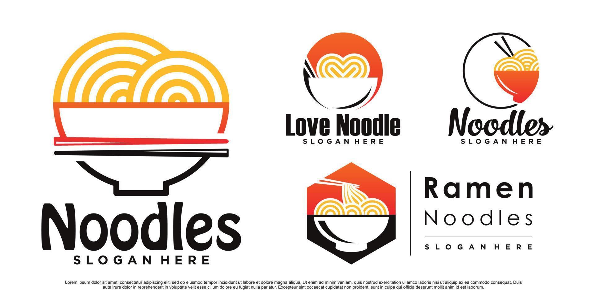 conjunto de paquete de diseño de logotipo de icono de fideos ramen con tazón, palillo y vector premium de concepto creativo