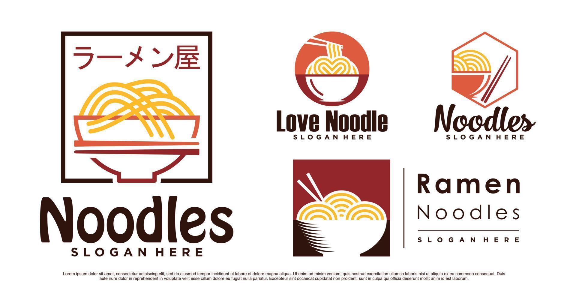 conjunto de paquete de diseño de logotipo de icono de fideos ramen con tazón, palillo y vector premium de concepto creativo