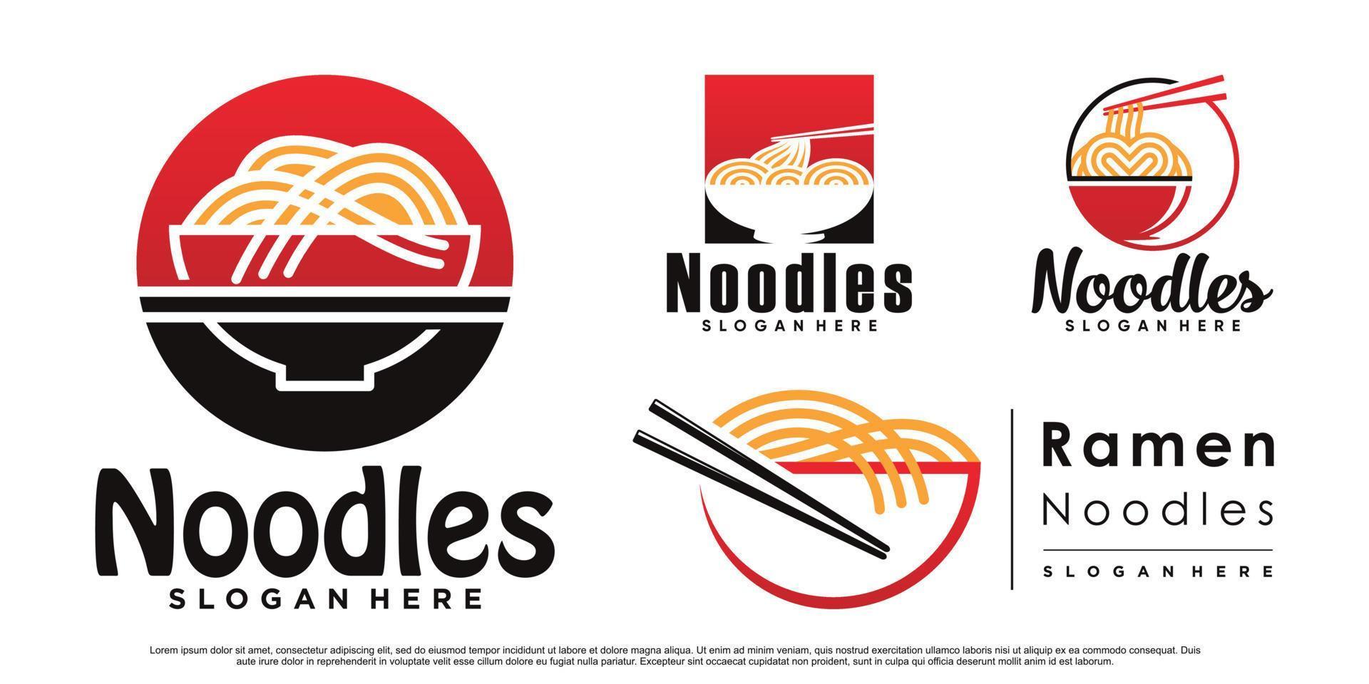 Set of ramen noodle icon logo design bundle with bowl, chopstick and creative concept Premium Vector