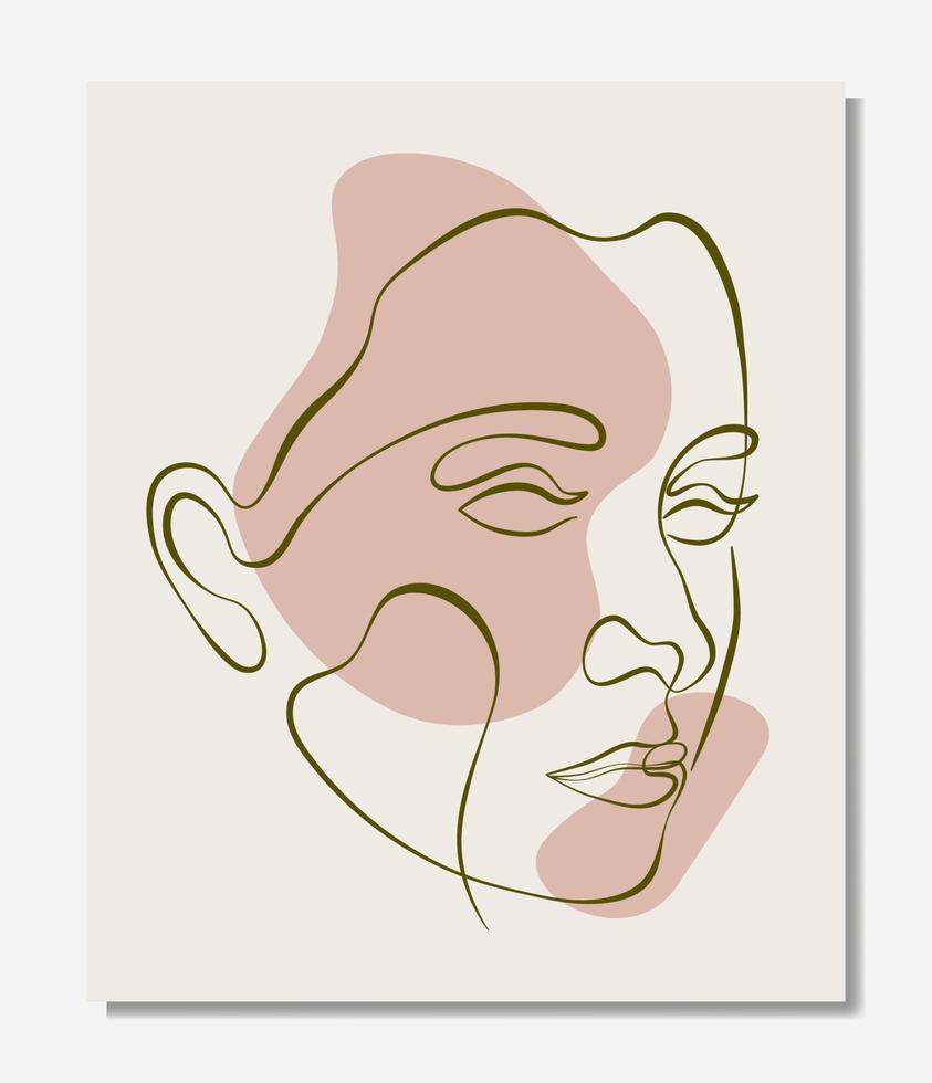 Vector poster with illustration of woman line art face. Modern one line drawing with blobs, pastel colors. Sisterhood and Feminism. Illustration for web and print.