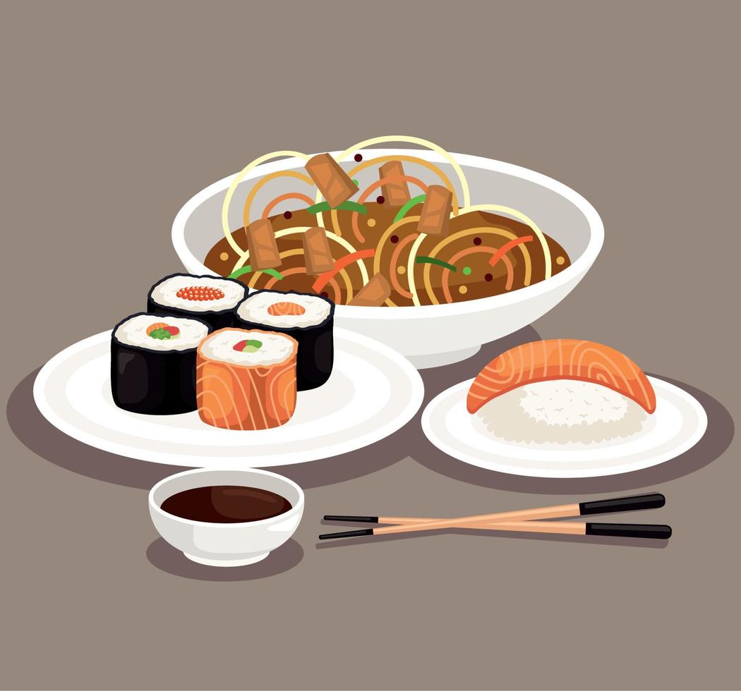 palillos y comida japonesa vector