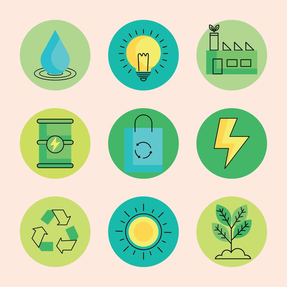 nine eco energy icons vector