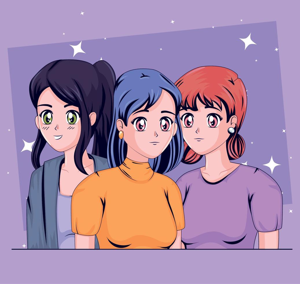 group of anime girls vector