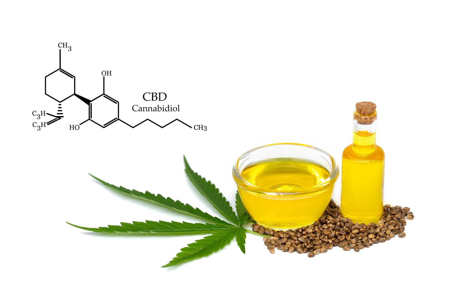 CBD elements in Cannabis,  hemp oil extracts in jars on a white background, medical marijuana, legal light drugs prescribe, alternative remedy or medication, medicine concept photo