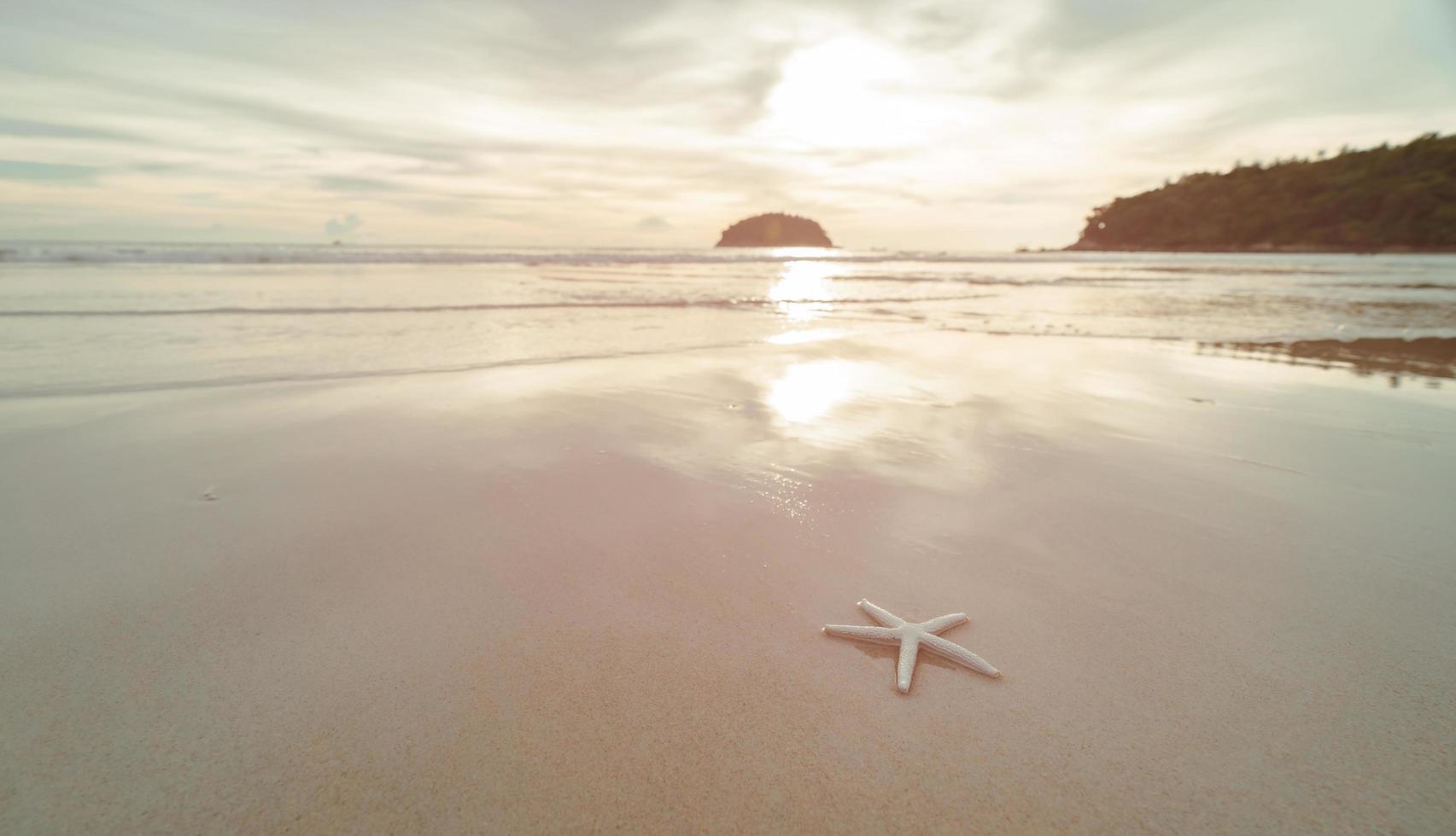 vista del paisaje playa de estrellas de mar durante la puesta de sol de la tarde. foto