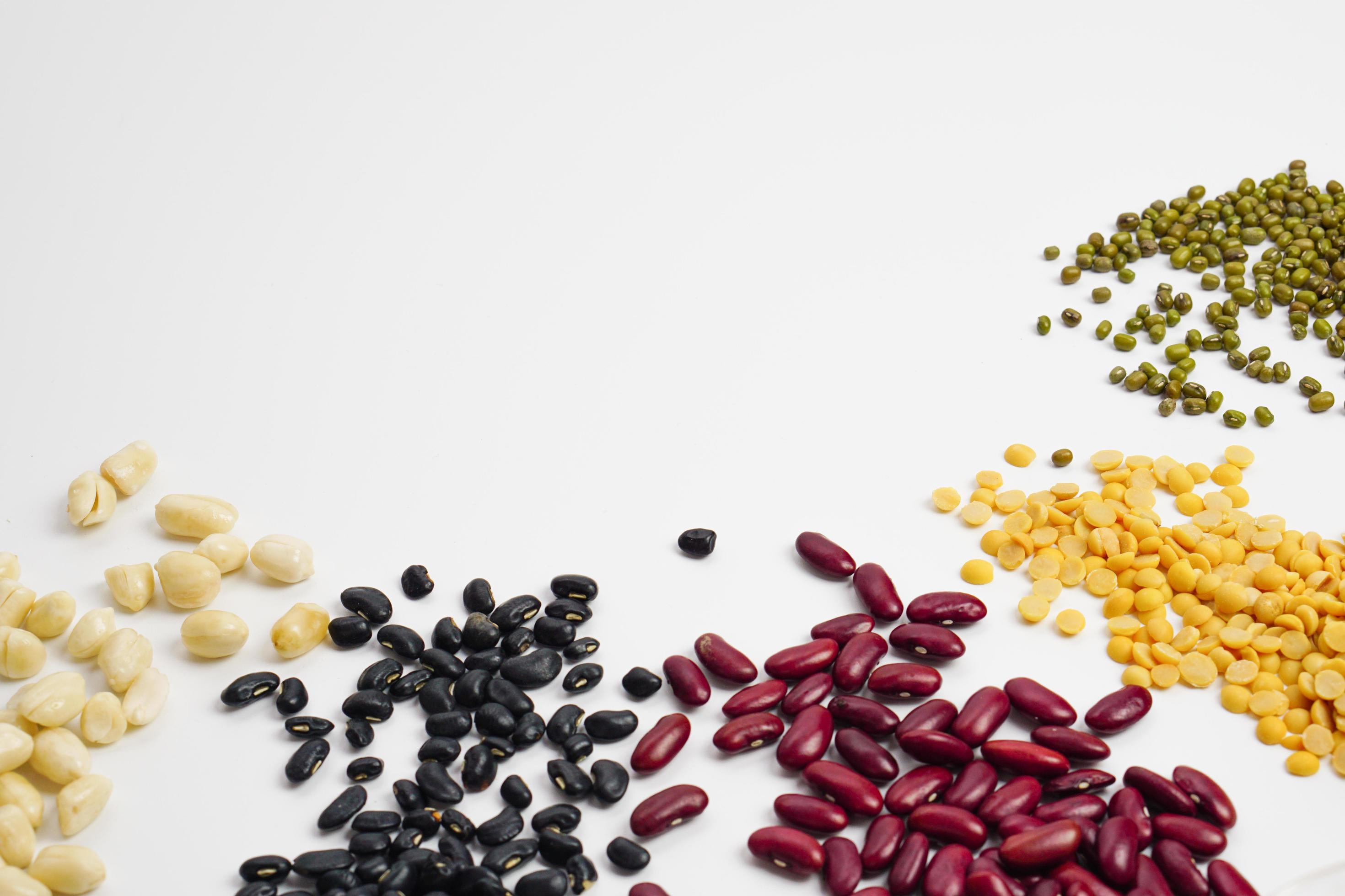 Mix beans white beans, black beans, red bean, soy beans, green mung with copy space on white