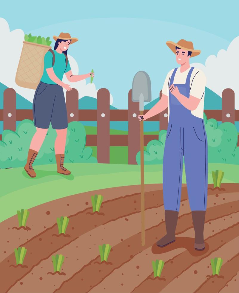 pareja de agricultores cultivando vector