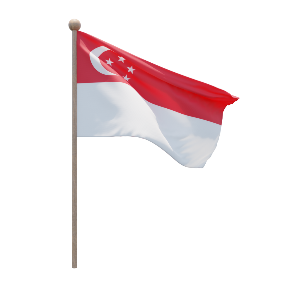 Singapore 3d illustration flag on pole. Wood flagpole png