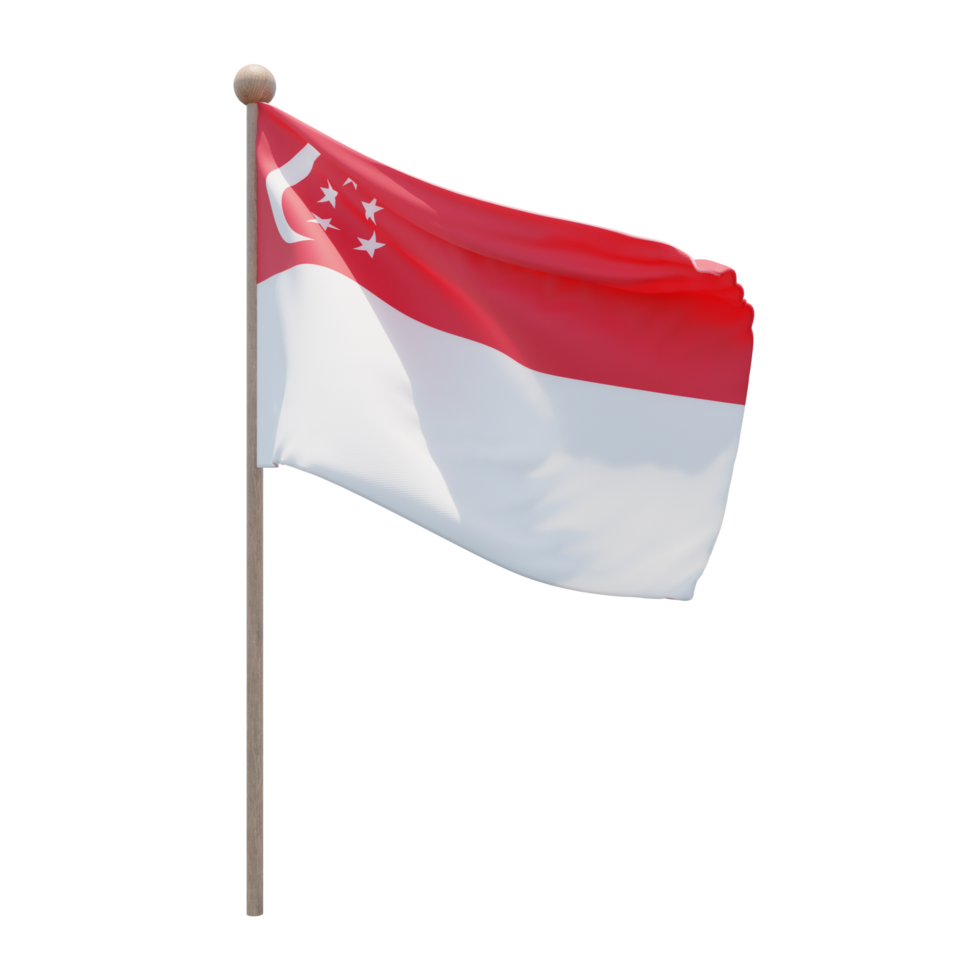 Singapore 3d illustration flag on pole. Wood flagpole png