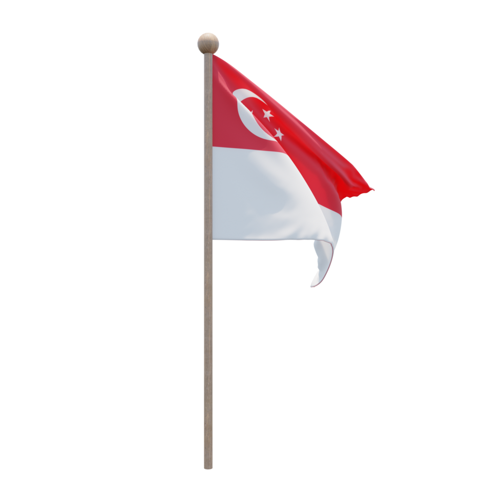 Singapore 3d illustration flag on pole. Wood flagpole png