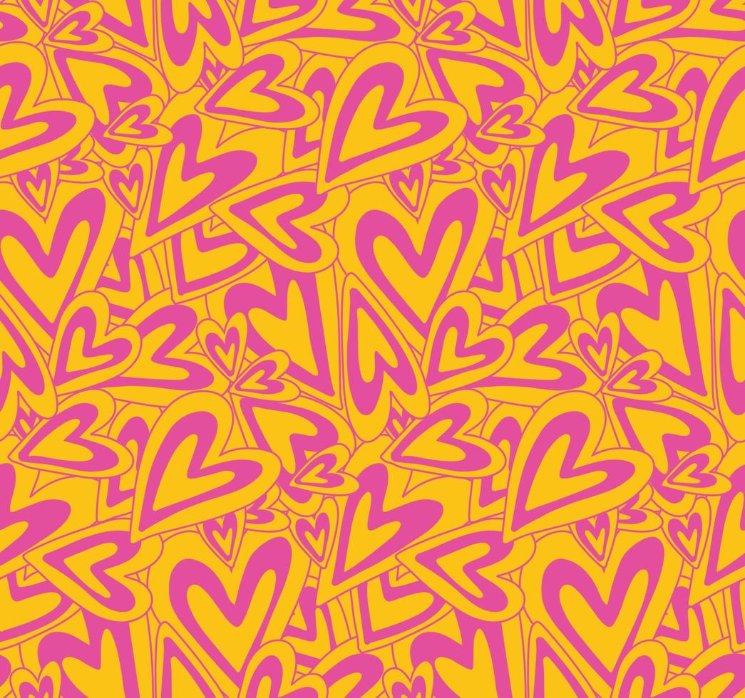 Groovy purple yellow hearts 90s seamless pattern vector background. Retro hippie romantic repeat texture wallpaper, textile design.
