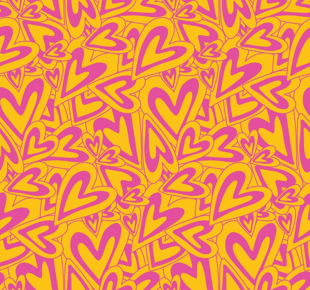 Groovy purple yellow hearts 90s seamless pattern vector background. Retro hippie romantic repeat texture wallpaper, textile design.