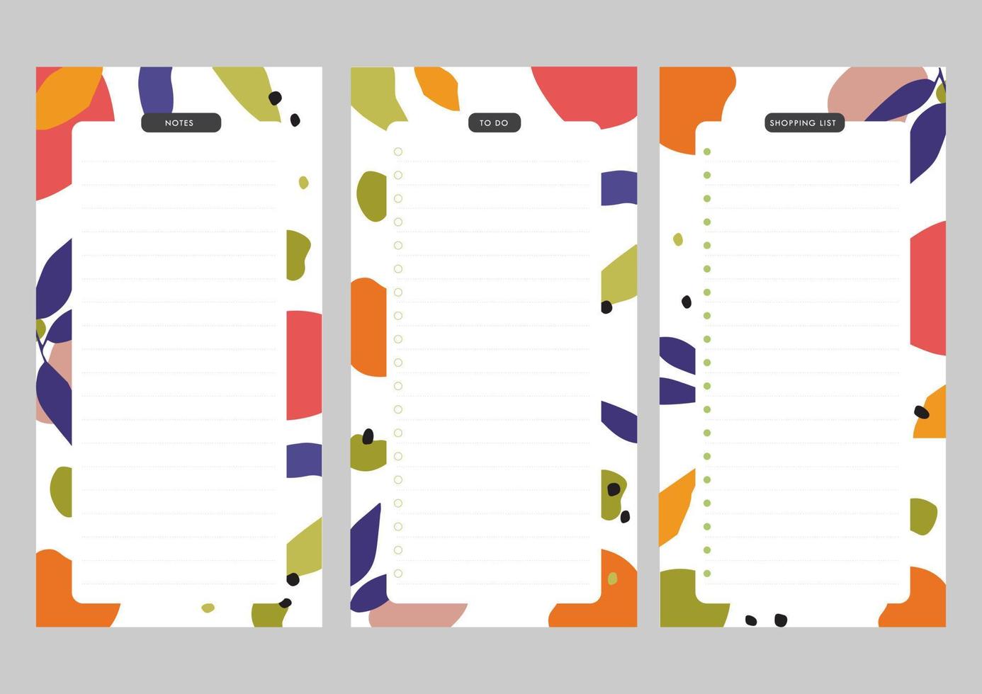 Set of notes and to do list with cute abstract illustrations. Template for planners, check lists, notebooks, shopping list, and other stationery. Vector