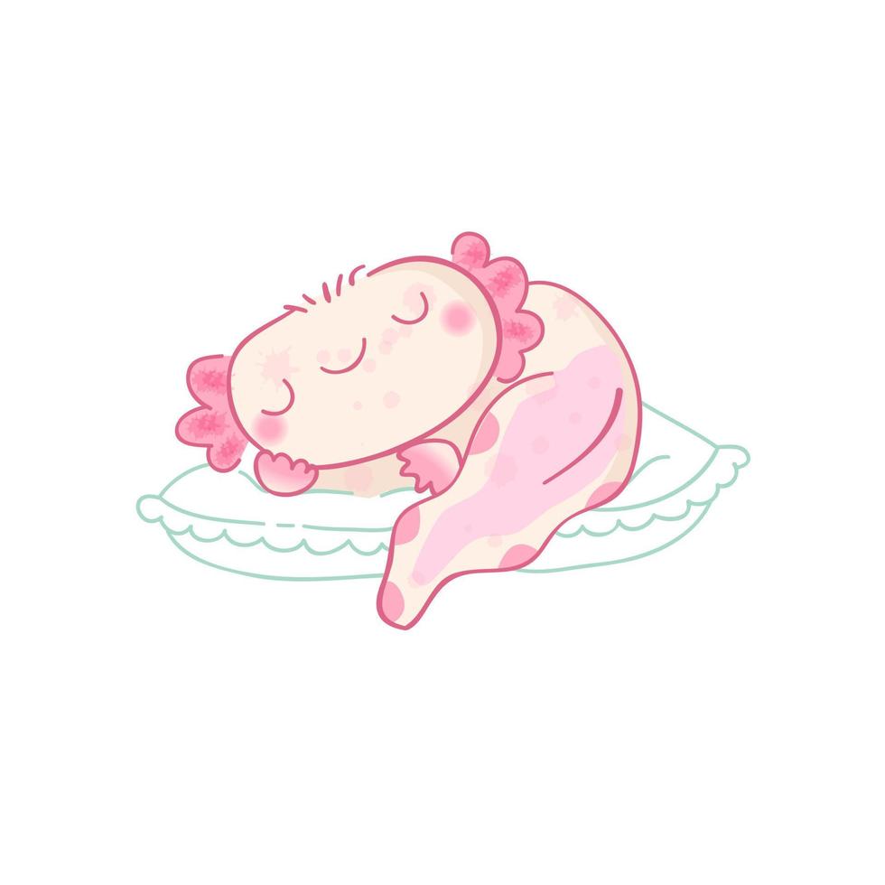 Cute axolotl mascot vector kawaii illustration. Sleeping axolotl