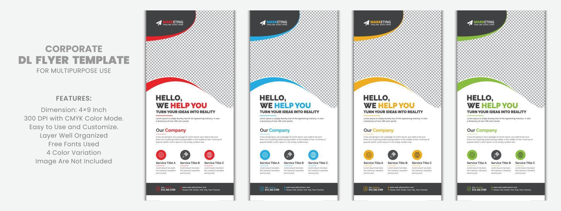 moderno negocio corporativo dl volante folleto plantilla muestra concepto único, diseño de vector de tarjeta de rack de negocios creativos para publicidad, promoción