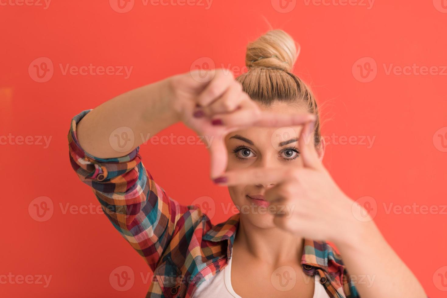 young woman over color background photo