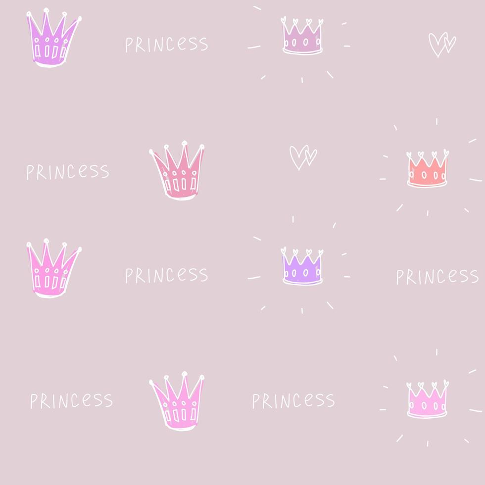 Cute pink pastel pattern with hearts, crown a little princess seamless background. Textiles for home, pink doodle paper scrapbook. vector