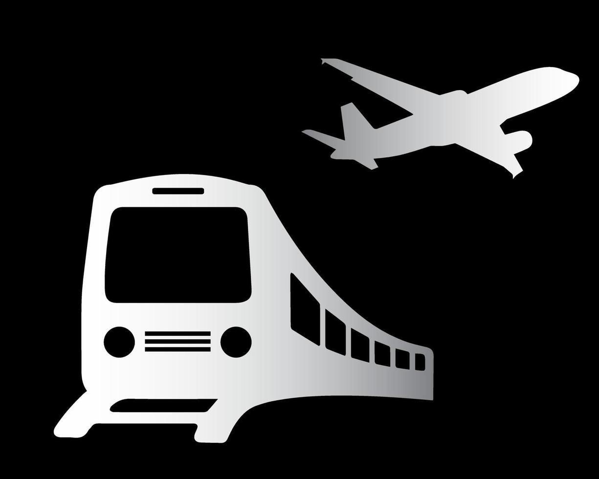 Set of train and plane silhouette vector icon