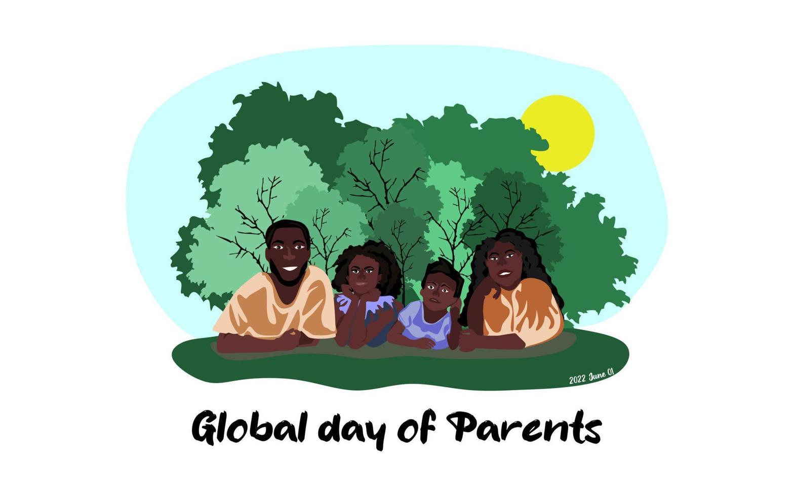 feliz día mundial de la ilustración vectorial de los padres. diseño conceptual, pancarta o tarjeta del día mundial de los padres. feliz familia afroamericana yace en el césped en el parque vector