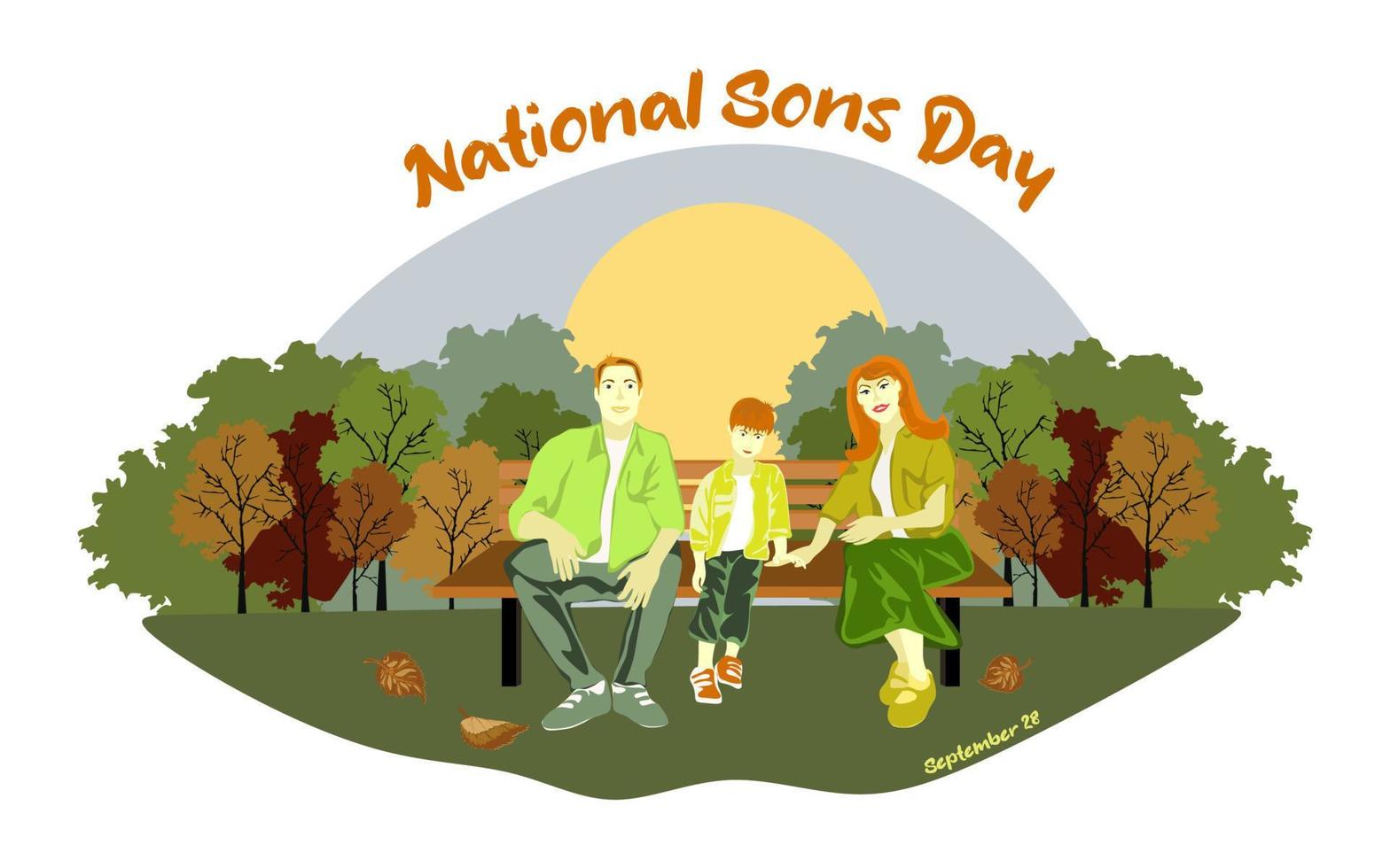 Happy European family sits on a park bench in sunny weather. National
