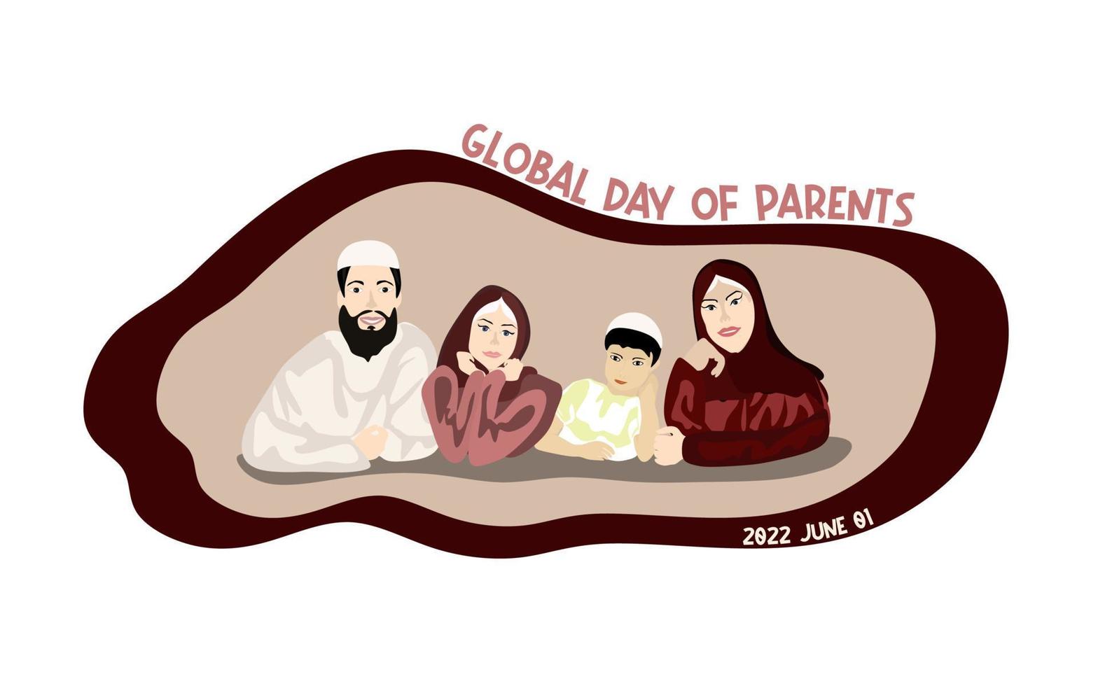 feliz día mundial de la ilustración vectorial de los padres. diseño conceptual, pancarta o tarjeta del día mundial de los padres. diseño de vector plano de familia musulmana feliz