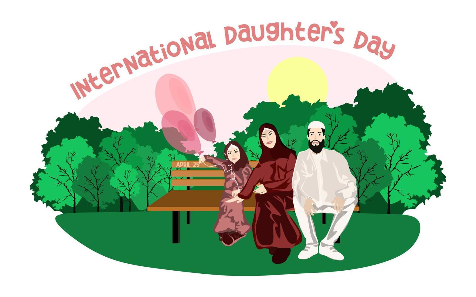 Happy Muslim family sits on a park bench in sunny weather with balloons. Family, mothers, childrens, fathers, sons, daughters, siblings day celebration conceptual vector design.