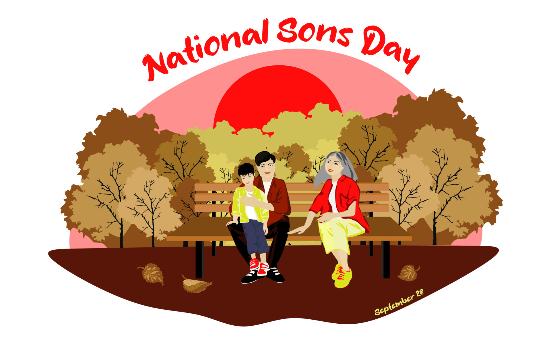 Happy Asian family sits on a park bench in sunny weather. International