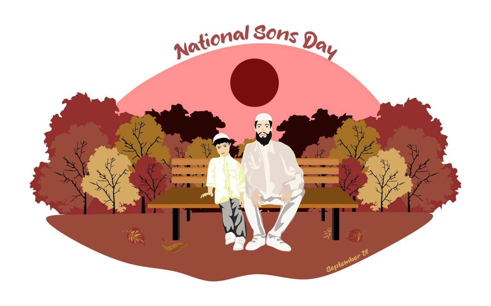 Happy Muslim family sits on a park bench in sunny weather. International sons day day conceptual vector design. Father sits on a bench with his kids