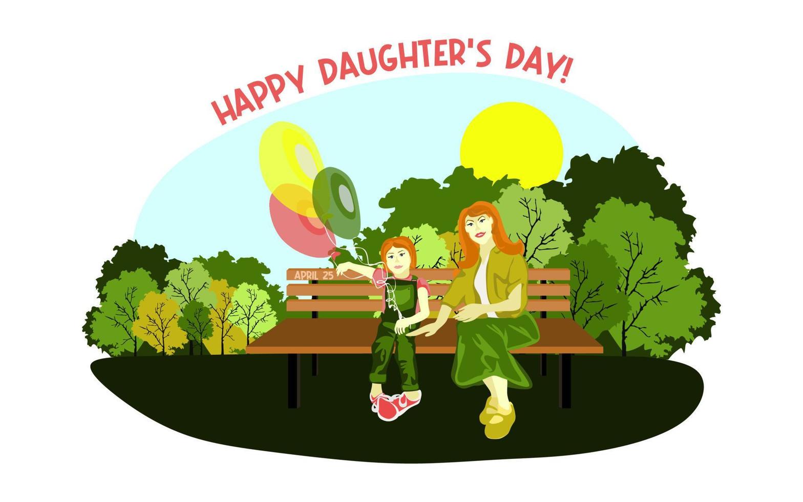 Happy European family sits on a park bench in sunny weather with balloons. Family, mothers, childrens, fathers, sons, daughters, siblings day celebration conceptual vector design.