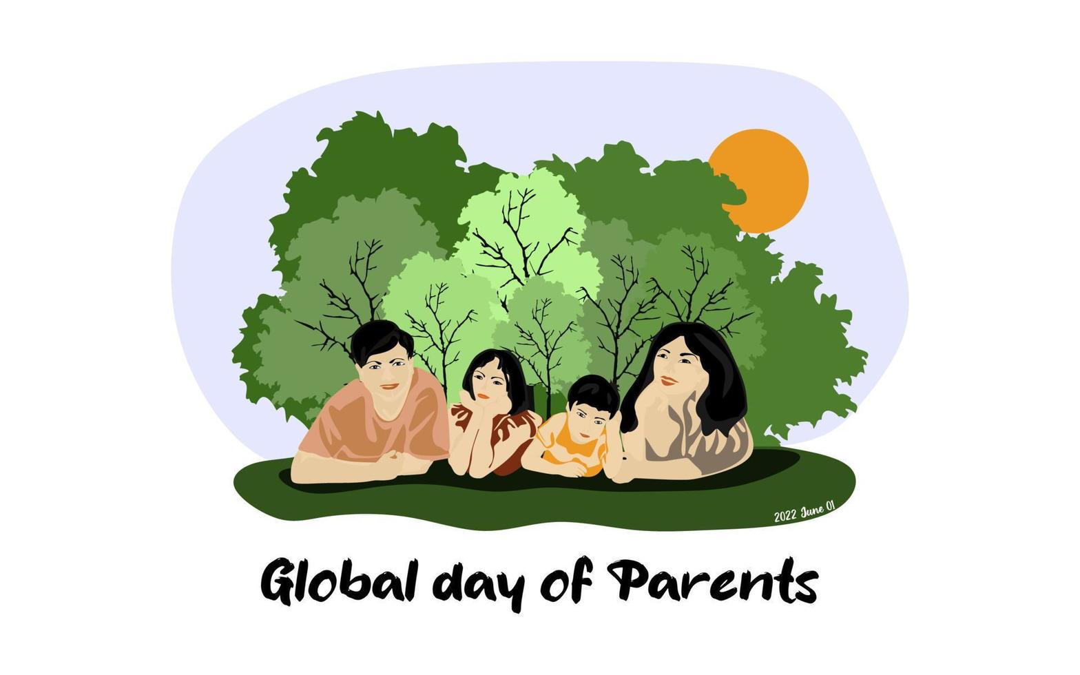 Happy Global Day of Parents vector illustration. Conceptual world parents day design, banner or card. Happy Asian family lies on the grass in park
