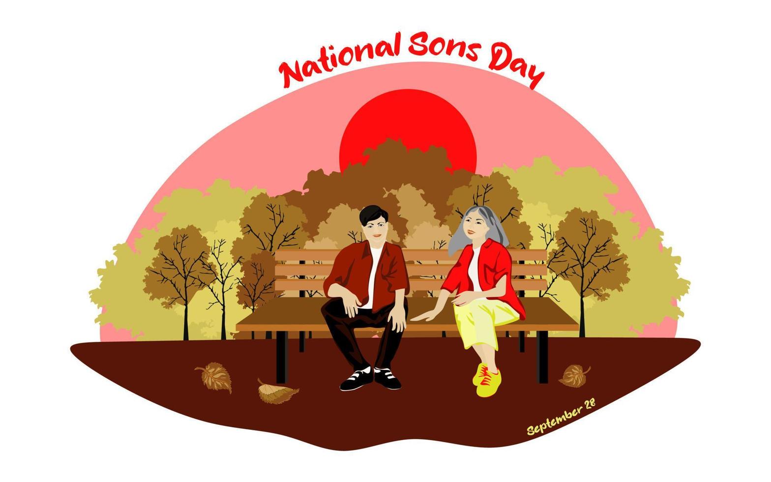 Happy Asian family sits on a park bench in sunny weather. International sons day conceptual vector design. Father sits on a bench with his kids