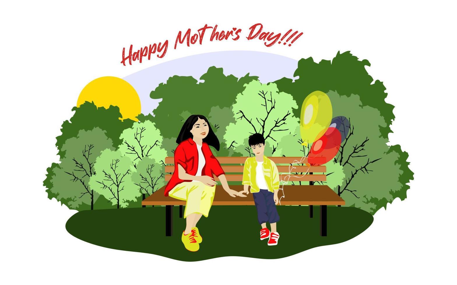 feliz familia asiática se sienta en un banco del parque en un clima soleado con globos. familia, madres, niños, padres, hijos, hijas, hermanos celebración del día diseño vectorial conceptual. vector