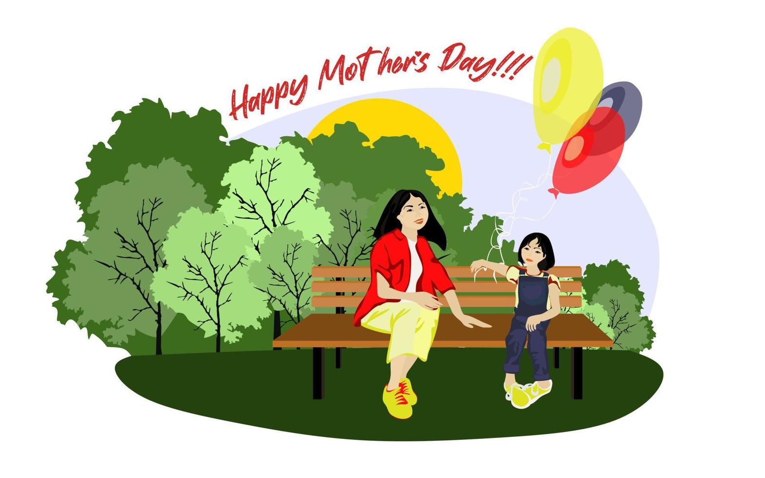 feliz familia asiática se sienta en un banco del parque en un clima soleado con globos. familia, madres, niños, padres, hijos, hijas, hermanos celebración del día diseño vectorial conceptual. vector