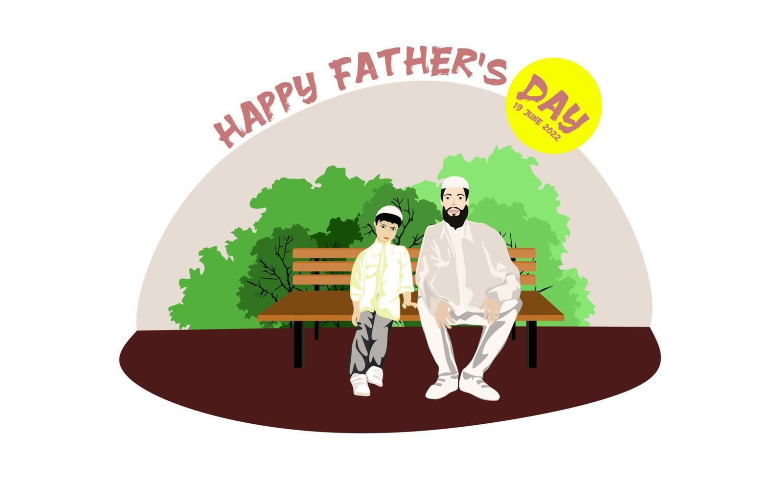 feliz familia musulmana se sienta en un banco del parque cuando hace sol. feliz día del padre diseño vectorial conceptual. padre se sienta en un banco con sus hijos vector