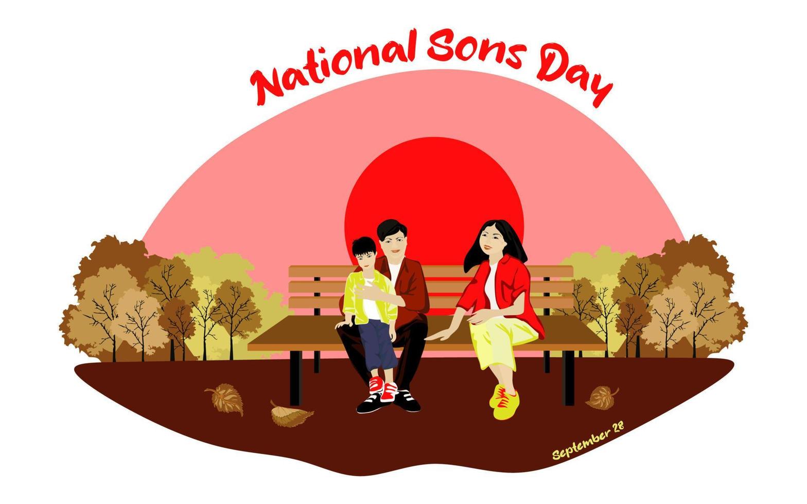 Happy Asian family sits on a park bench in sunny weather. International sons day conceptual vector design. Father and mother sit on a bench with their son