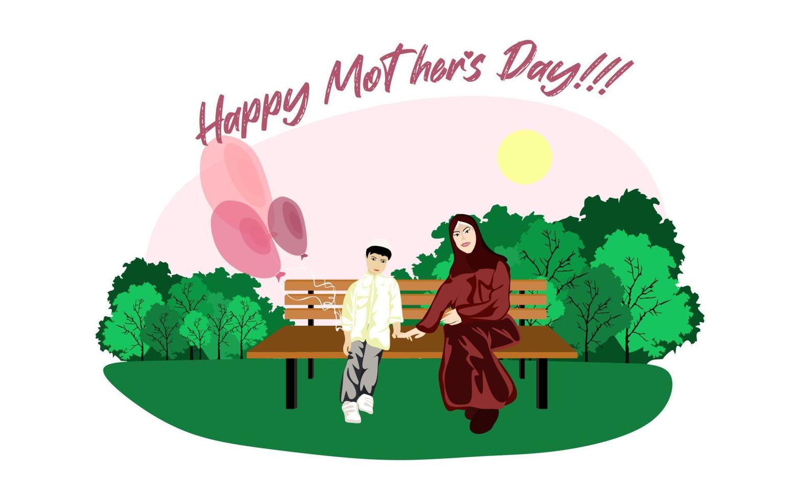 Happy Muslim family sits on a park bench in sunny weather with balloons. Family, mothers, childrens, fathers, sons, daughters, siblings day celebration conceptual vector design.