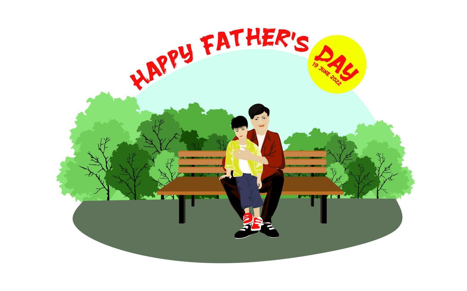 Happy Asian family sits on a park bench in sunny weather. Happy fathers day conceptual vector design. Father sits on a bench with his kids