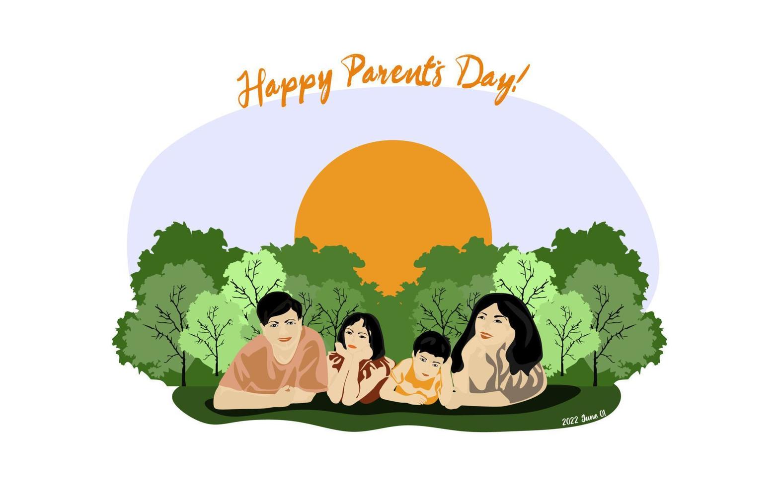 feliz día mundial de la ilustración vectorial de los padres. diseño conceptual, pancarta o tarjeta del día mundial de los padres. feliz familia asiática yace en el césped en el parque vector